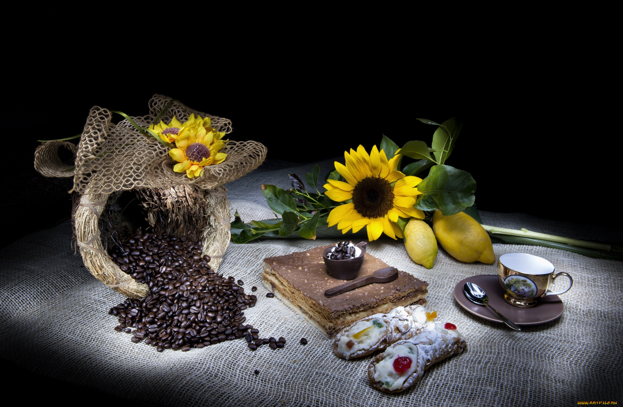 , , cannoli, dessert, cream, , , , , , sunflowers, cup, cake, bag, coffee, beans, flowers